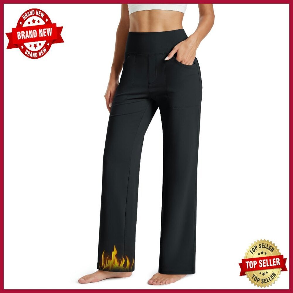 Fleece Lined Yoga Pants with Pockets High Waisted Wide Leg Thermal